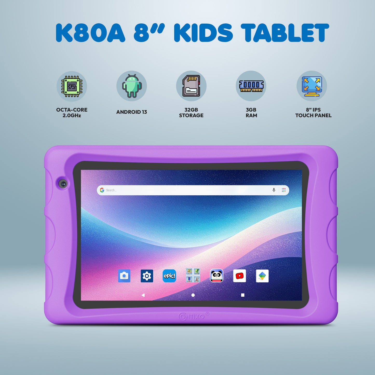 Contixo K80A - 8" Kids Tablet, 2025 Model, 80 FREE Disney eBooks, Educational Android Tablet for Ages 3-12, 32GB, Kid-Proof Case with Kickstand, Android 13