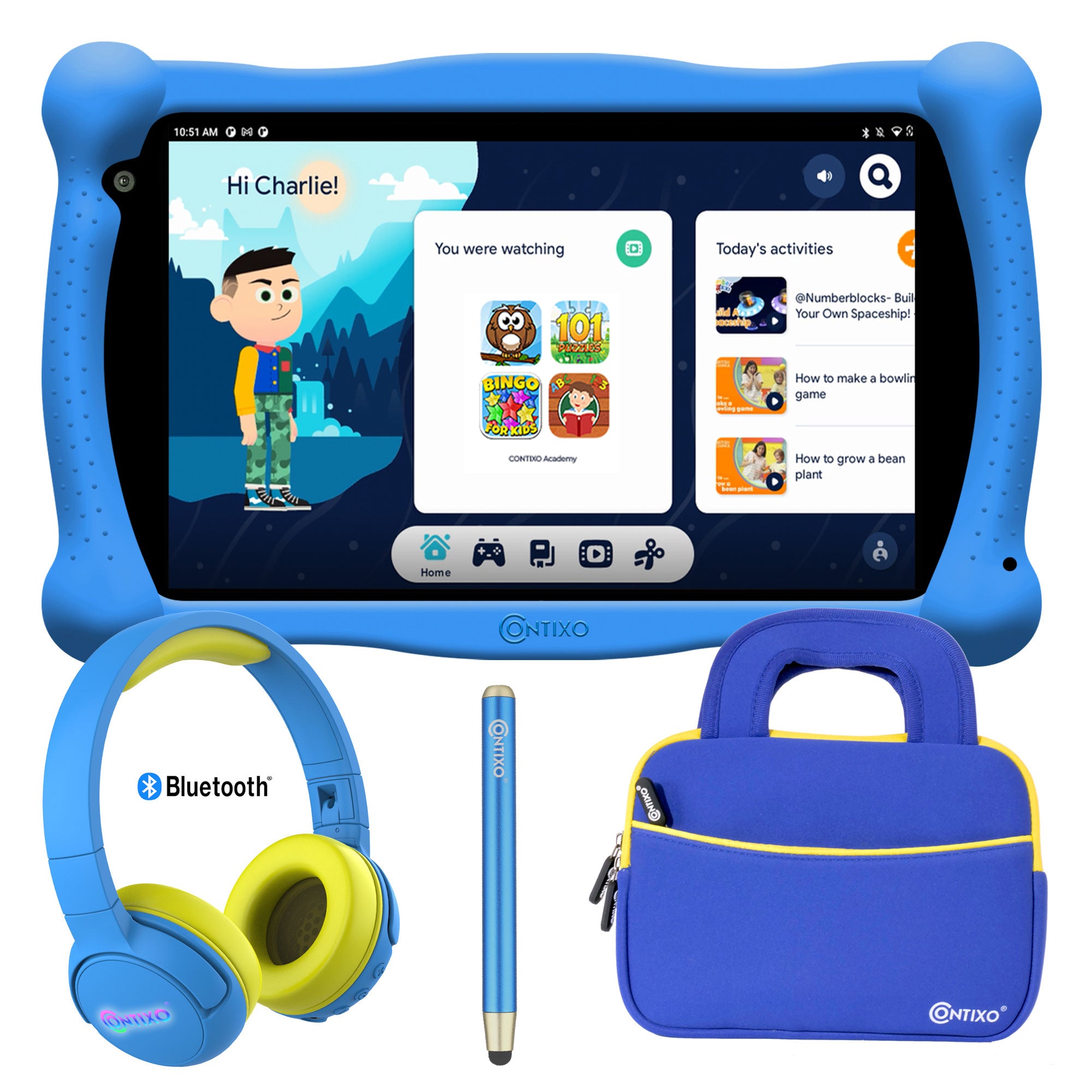 Contixo V10 7" Kids Tablet, Bluetooth Headphones, Tablet Bag, & Stylus Bundle