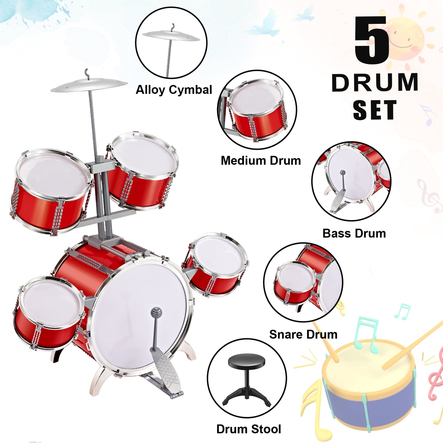 Contixo Kids Drum Set - Jazz Musical Instrument Toy for Ages 3-7