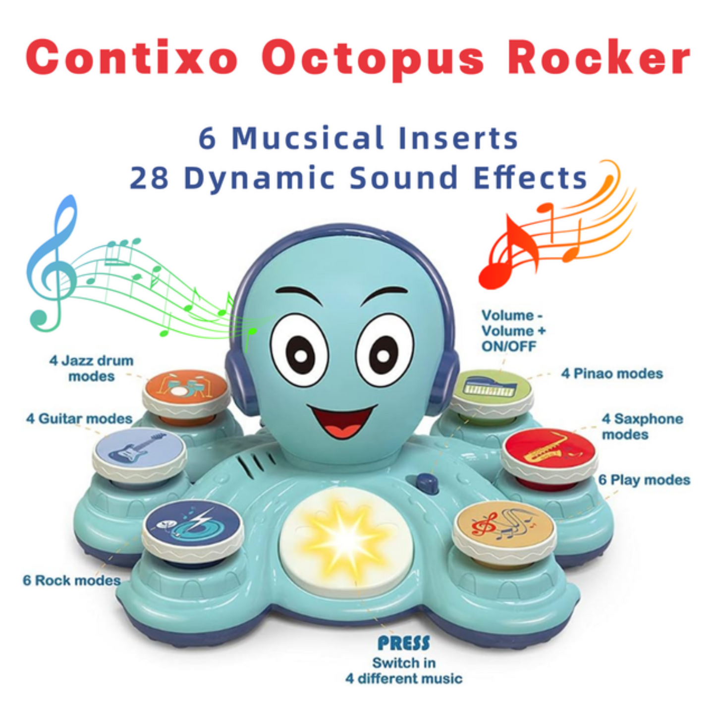 Contixo Baby Piano Toy - Octopus Musical Toy with 6 Keyboards, Ages 6-24 Months, Blue