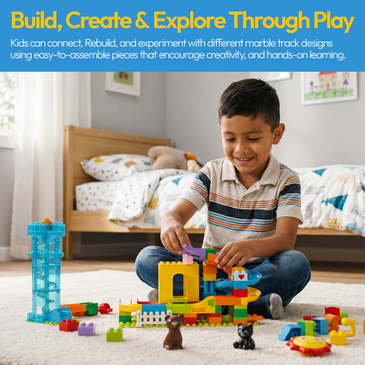 Contixo MK1 Marble Run Building Blocks Set, 118PCS STEM Construction Toy with Elevator Lift, Rabbit House Track Toys For Boy's Girl's Kids Ages 3+
