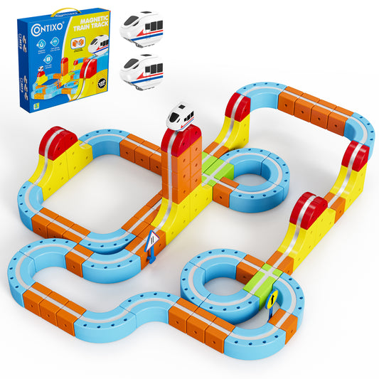 Contixo MT2 Magnetic Train Track Set – 150-Piece 3D Snap-Fit Building Kit with Vertical Wall Climbing Tracks & 2 Magnetic Trains