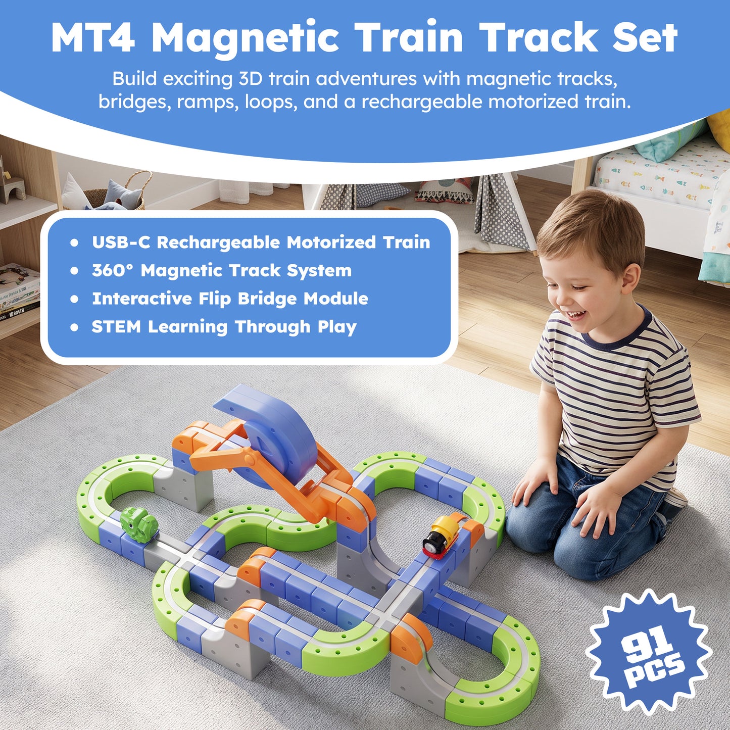 Contixo MT4 Magnetic Train Track Set | Motorized STEM Toy with Flip Bridge