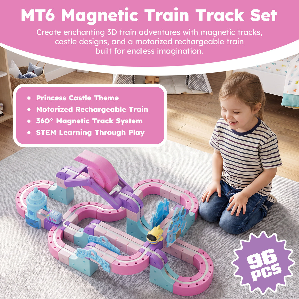 Contixo MT6 Princess Magnetic Train Track Set | Motorized STEM Castle Toy