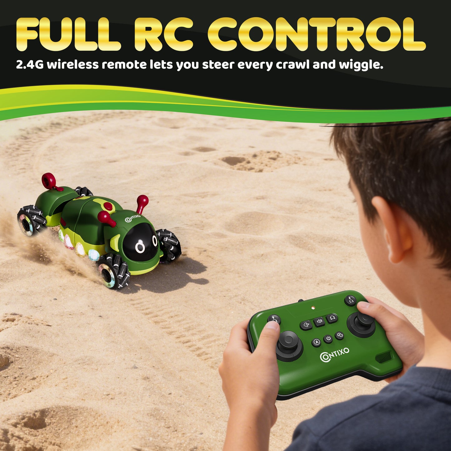 Contixo RC1 Mech Stunt Caterpillar Car for Kids – Futuristic 360° Omni-Directional RC Vehicle with Mist Spray, Colorful LED Lights & Sound, Flexible Torsion Body All-Terrain Stunt Car, 2.4GHz Remote Control Toy