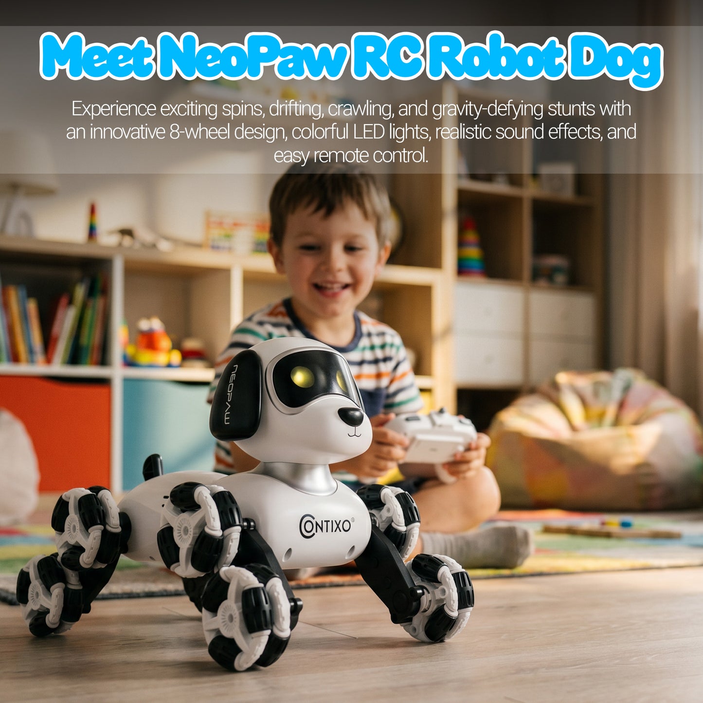 Contixo RC6 NeoPaw 8-Wheel RC Robot Dog with 360° Drifting & LED Lights