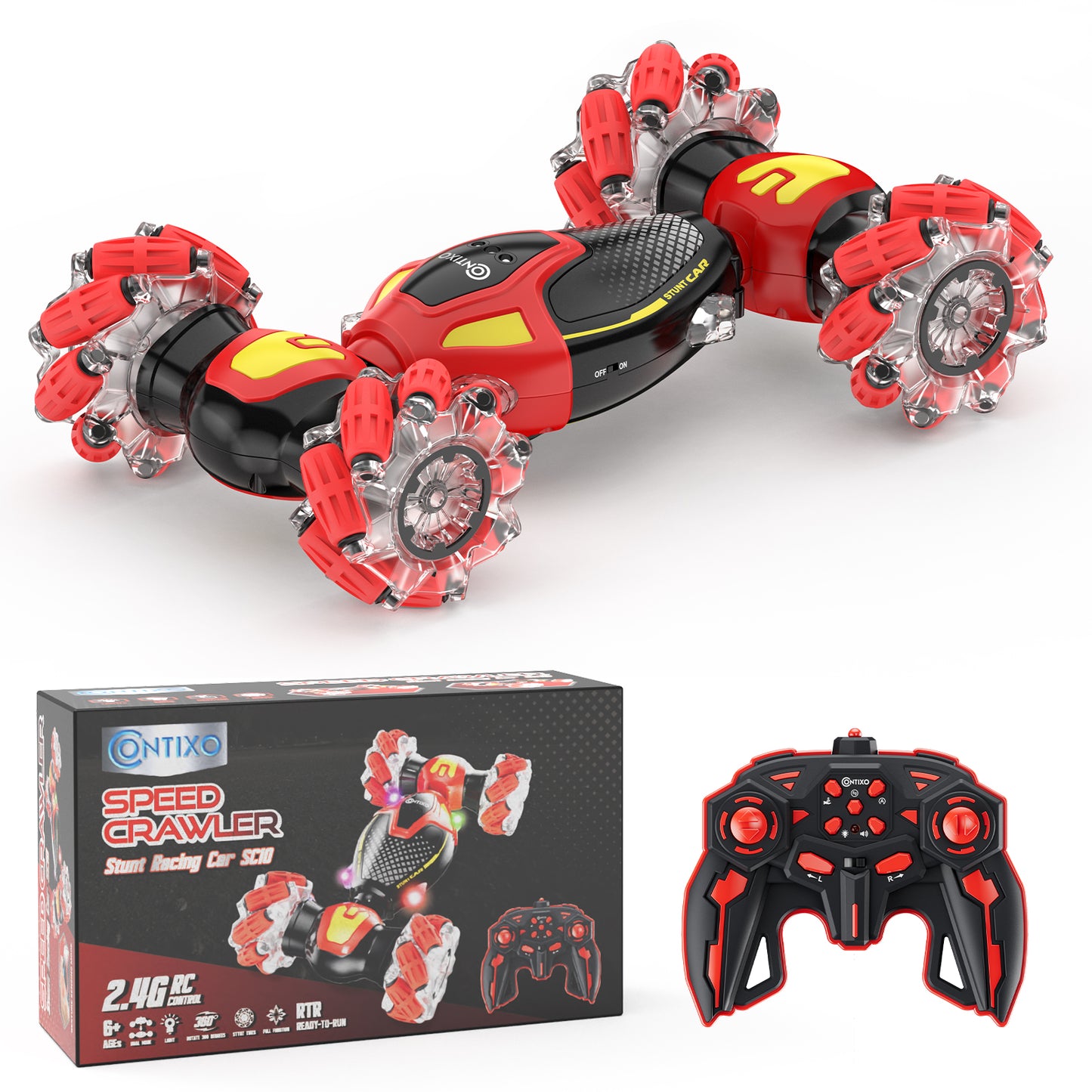 Contixo SC10 Cobra Speed Crawler RC Stunt Car - 4WD with Remote & Gesture Control, Red