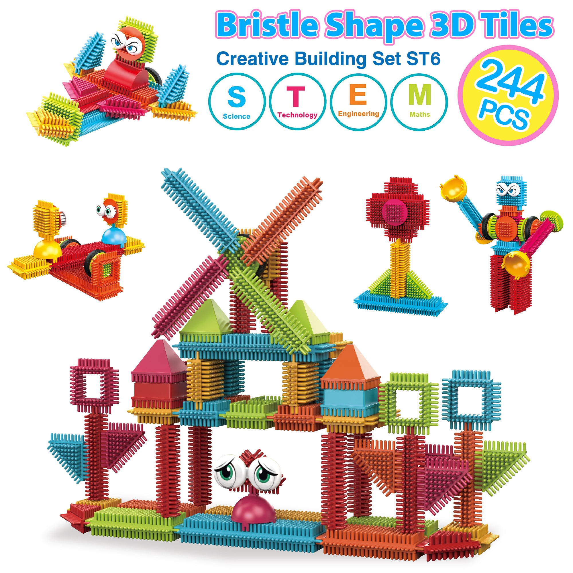 Contixo ST7 244 pcs Bristle Shape 3D Tile STEM Building Block Set