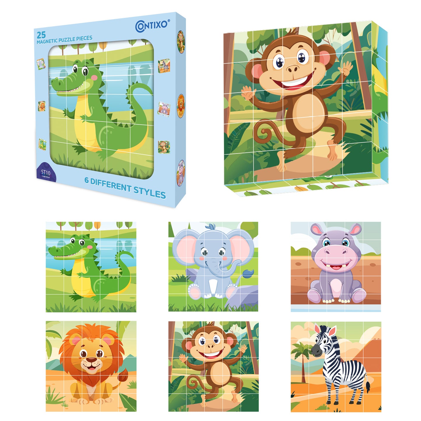 Contixo ST10 25-Piece Magnetic Jungle Animal Puzzle Blocks – 6 Puzzles in One