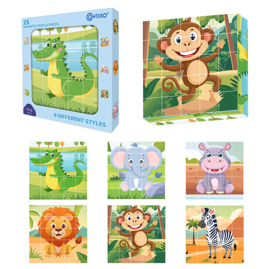 Contixo ST10 25-Piece Magnetic Jungle Animal Puzzle Blocks – 6 Puzzles in One