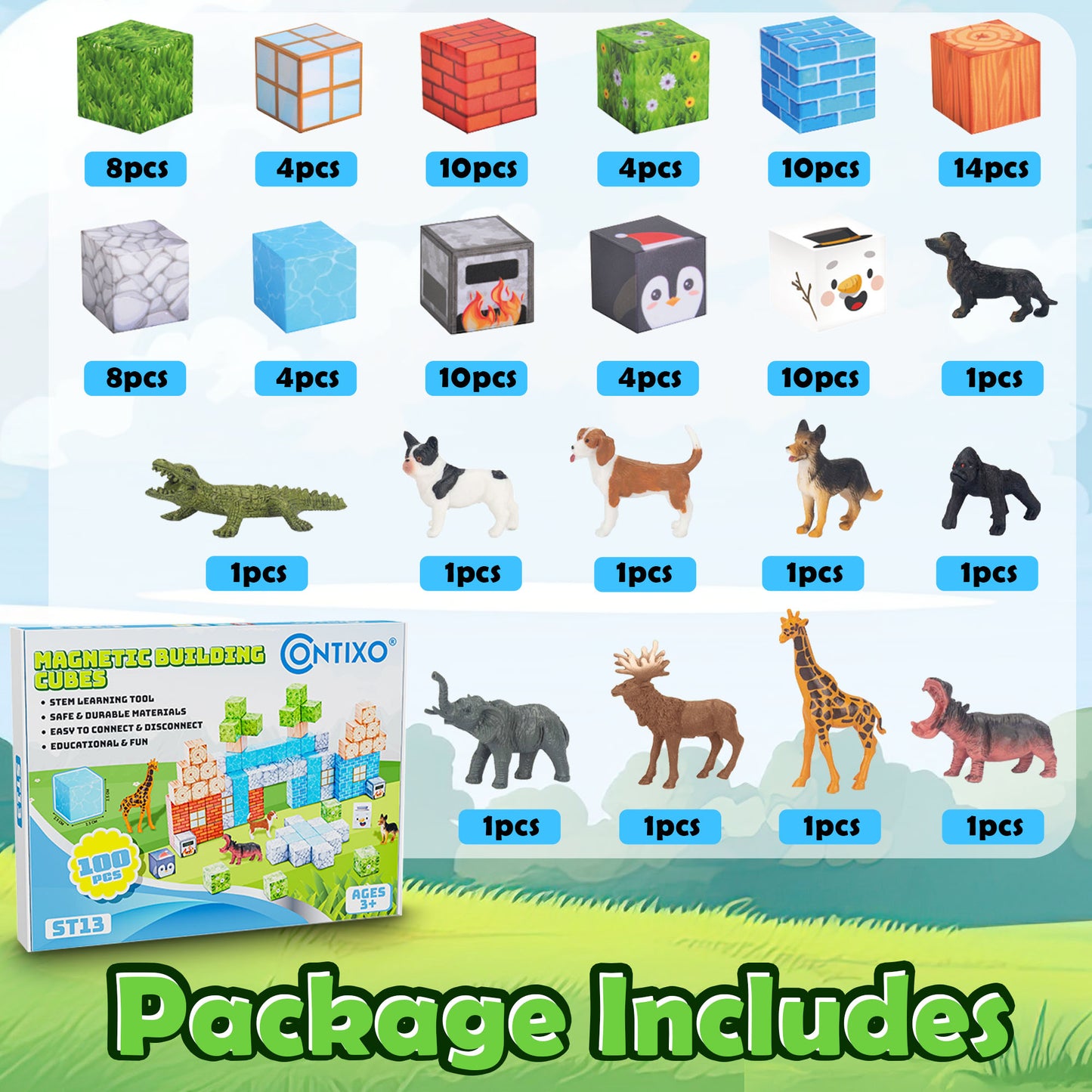 Contixo ST13 Magnetic Blocks, 100 PCS Magnetic Building Cube Game, Sensory Toys for Boys & Girls, STEM Stacking Toy Gifts for Age 3-12