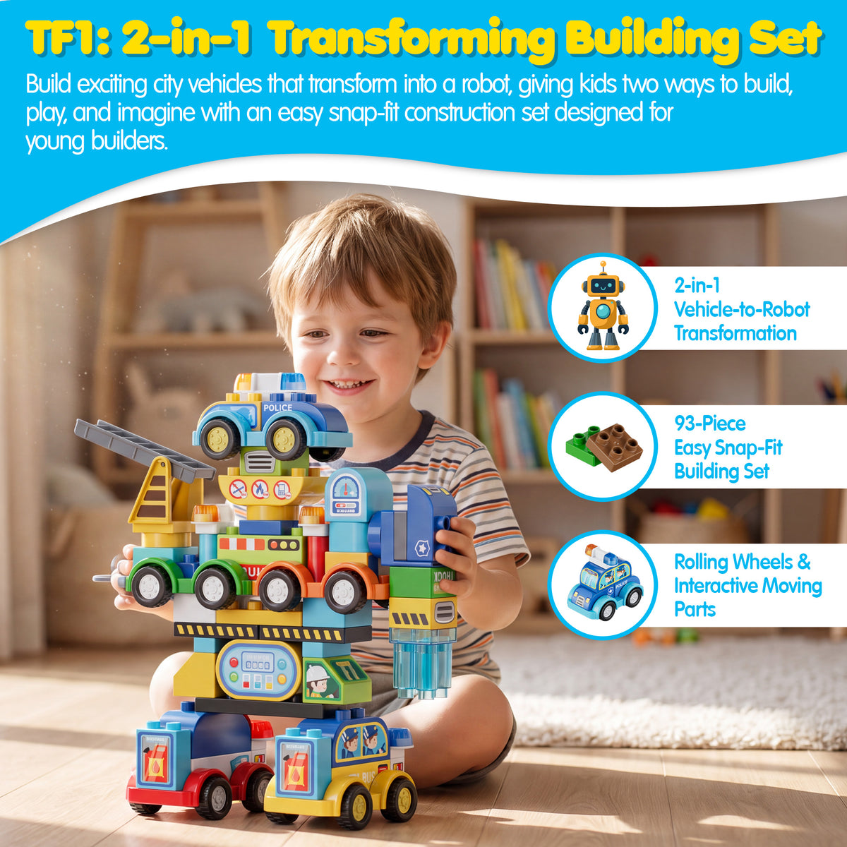 Contixo TF1 2-in-1 Transforming Building Set, 93 Pieces, Ages 3+