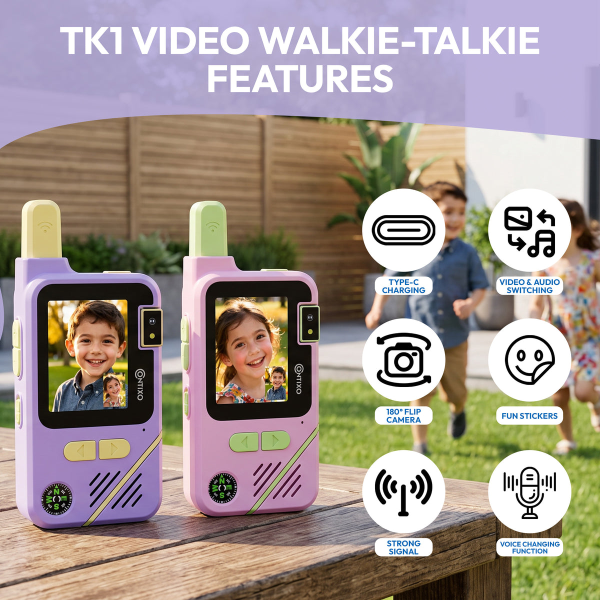 Contixo TK1 Kids Video Walkie Talkies | Pink & Purple 2-Pack with Camera