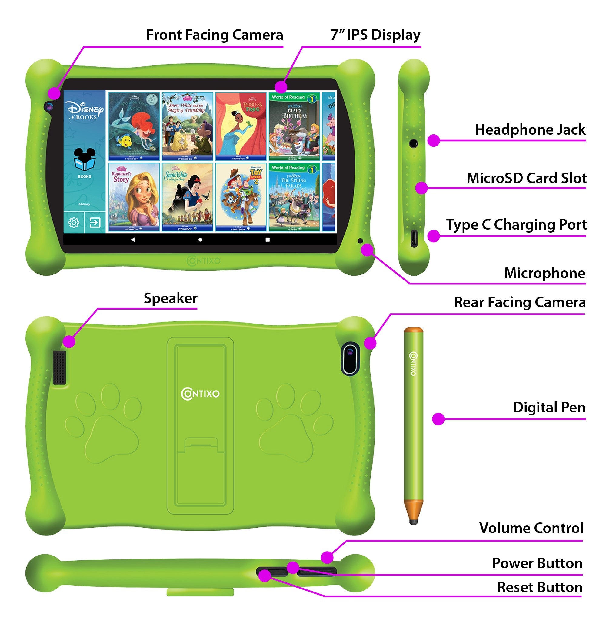 Contixo V10 Kids HD & Bluetooth 7" Tablet - 50 Disney eBooks, Kickstand & Stylus Included