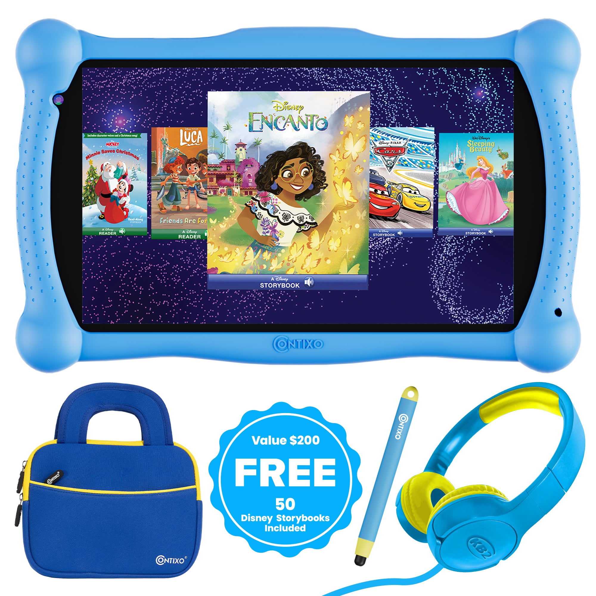 Contixo V10 7" Kids Tablet, Bluetooth Headphones, Tablet Bag, & Stylus Bundle