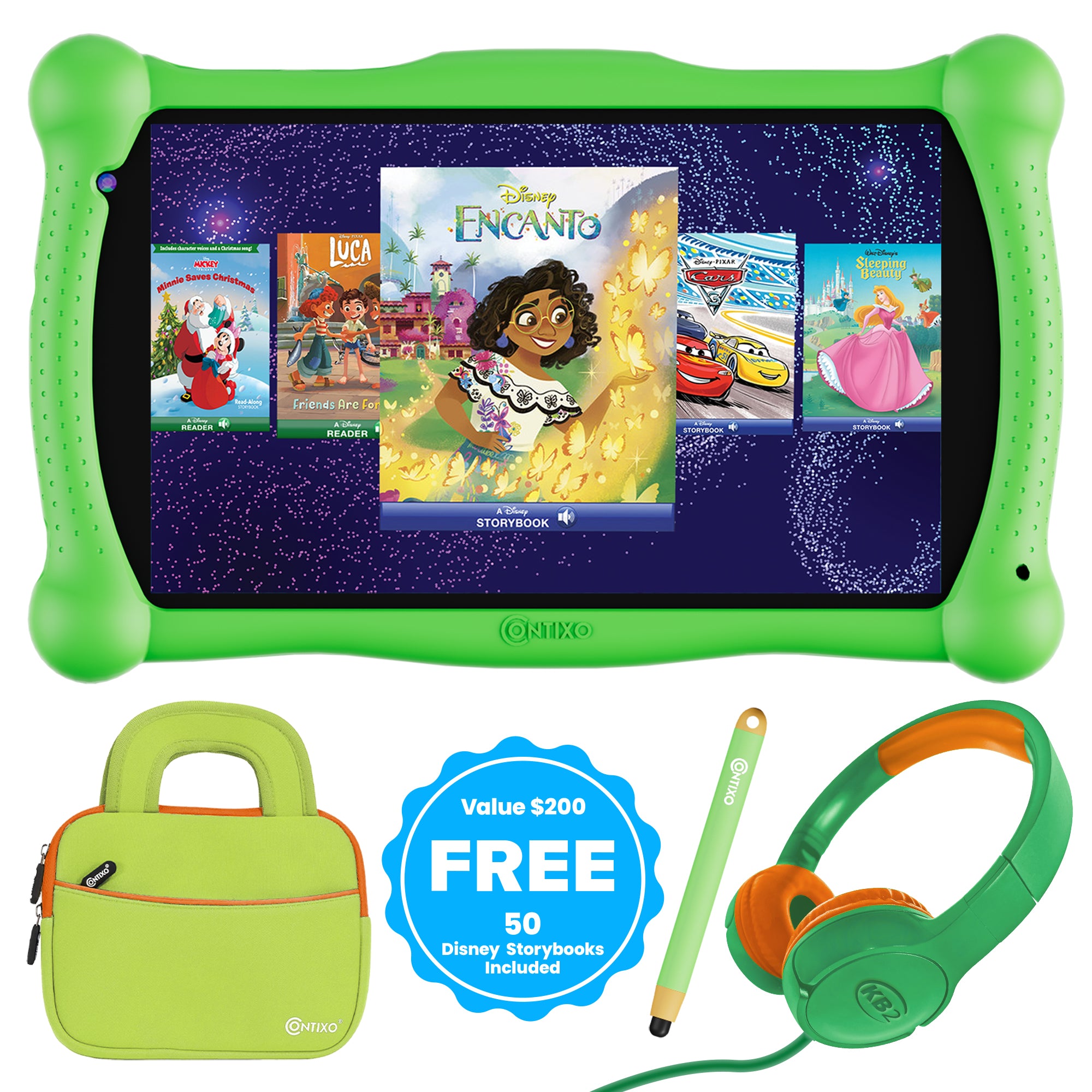 Contixo V10 7" Kids Tablet, Bluetooth Headphones, Tablet Bag, & Stylus Bundle