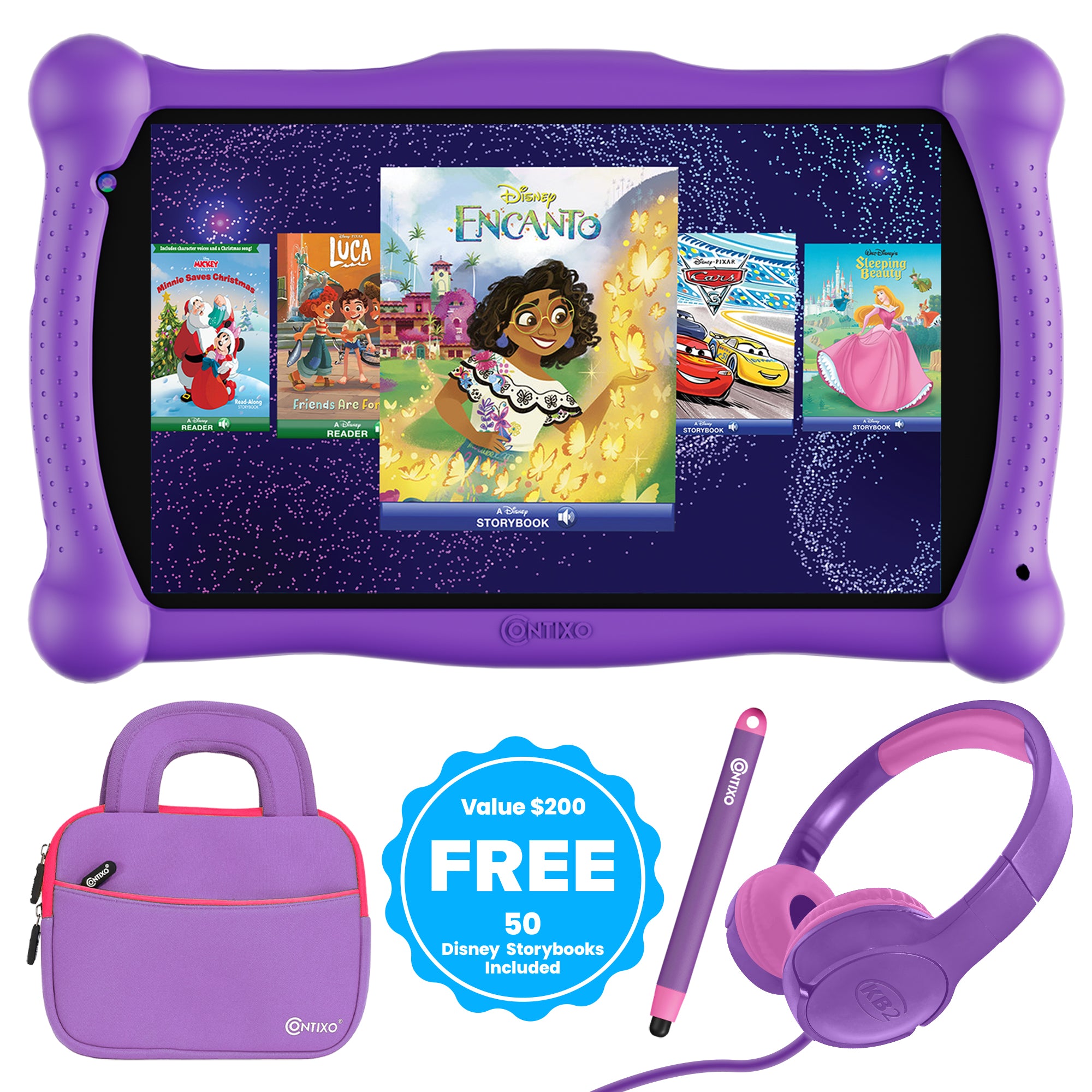 Contixo V10 7" Kids Tablet, Bluetooth Headphones, Tablet Bag, & Stylus Bundle