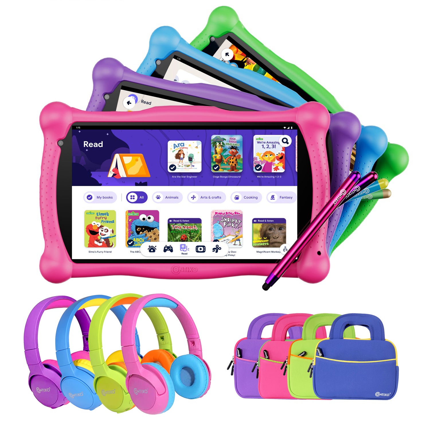 Contixo V10 7" Kids Tablet, Bluetooth Headphones, Tablet Bag, & Stylus Bundle