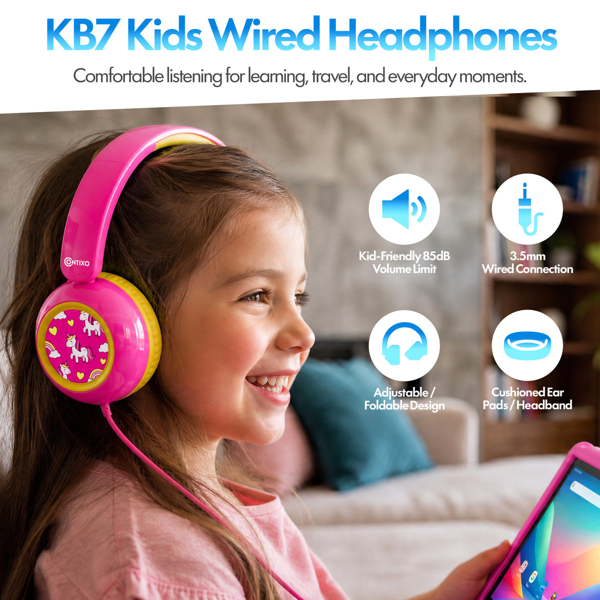 Contixo 7" Kids V8 Tablet Bundle | 32GB Android 13 |  KB7 Wired Headphones & Bag