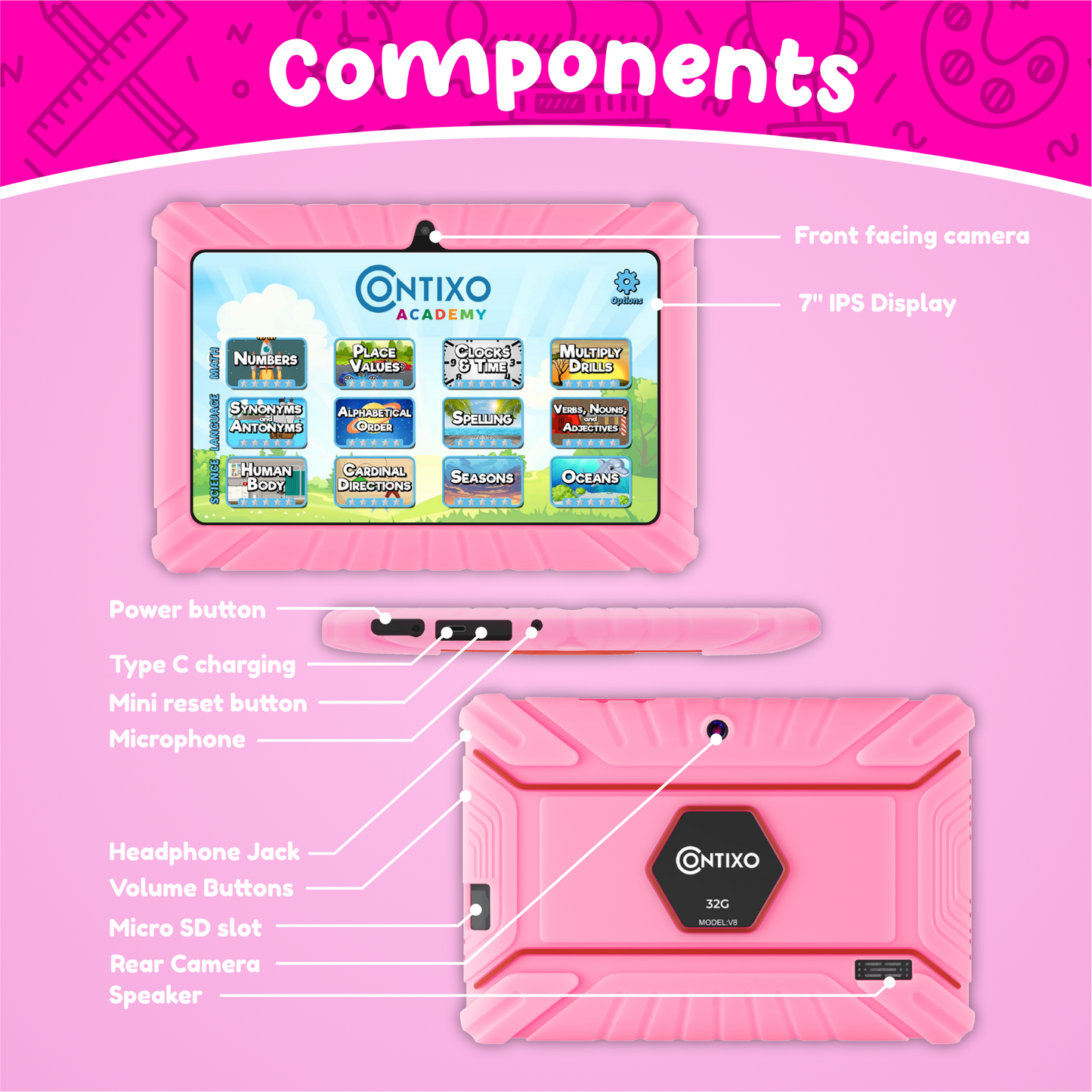 Contixo 7" Kids Tablet, 2024 Model, STEM Learning, Educational Tablet for Ages 3-12, Contixo Academy, Android 11