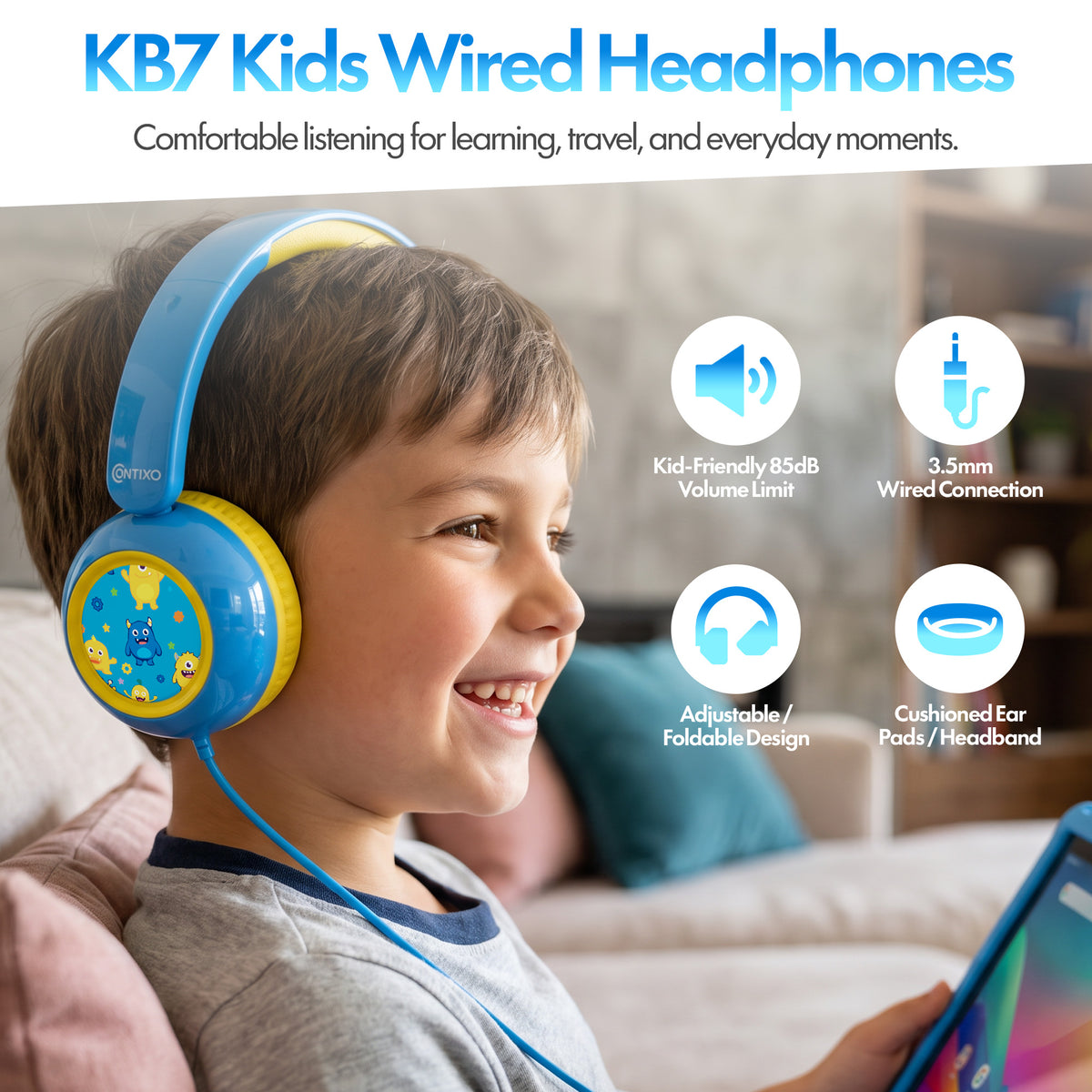 Contixo 7" Kids V9 Tablet Bundle | 32GB Android 13 | Wired KB7 Headphones & Bag