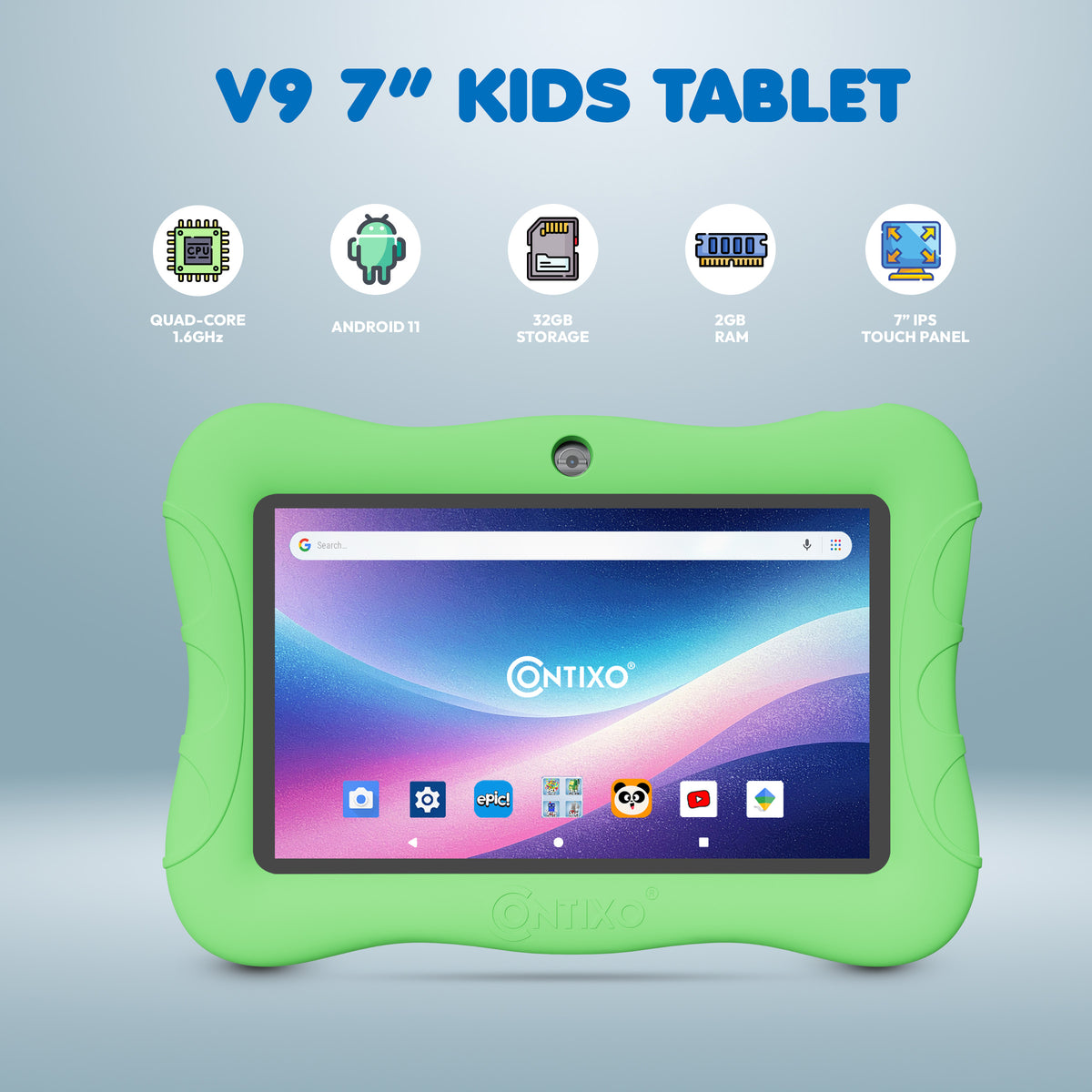 Contixo 7" Kids V9 Tablet Bundle | 32GB Android 13 | Wired KB7 Headphones & Bag