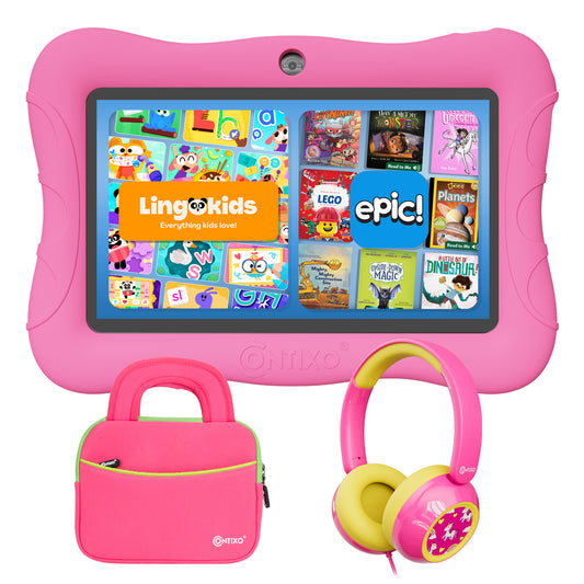 Contixo 7" Kids V9 Tablet Bundle | 32GB Android 13 | Wired KB7 Headphones & Bag