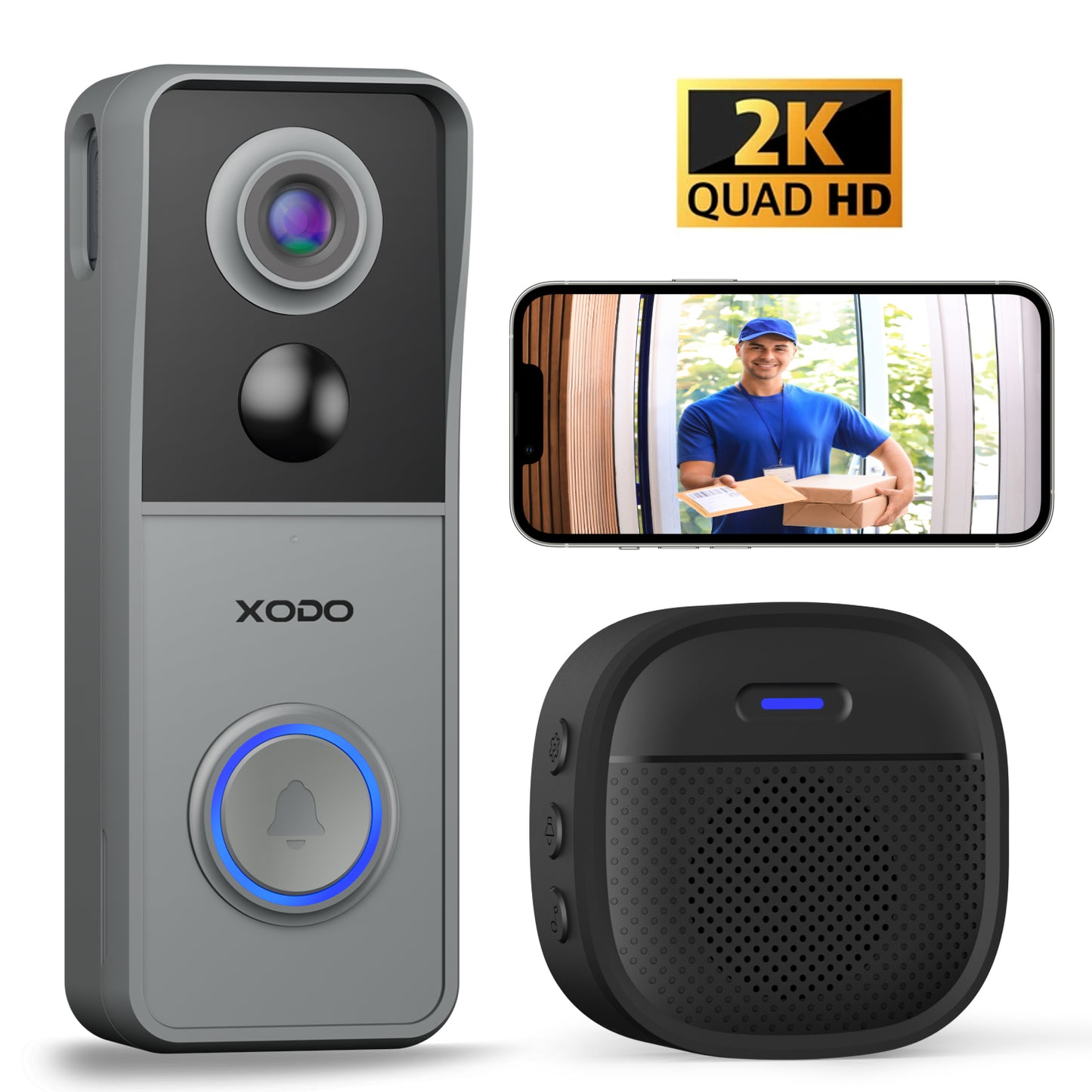Xodo VD2 Smart Wi-Fi Wireless Video Doorbell with 2K QHD Camera and Chime