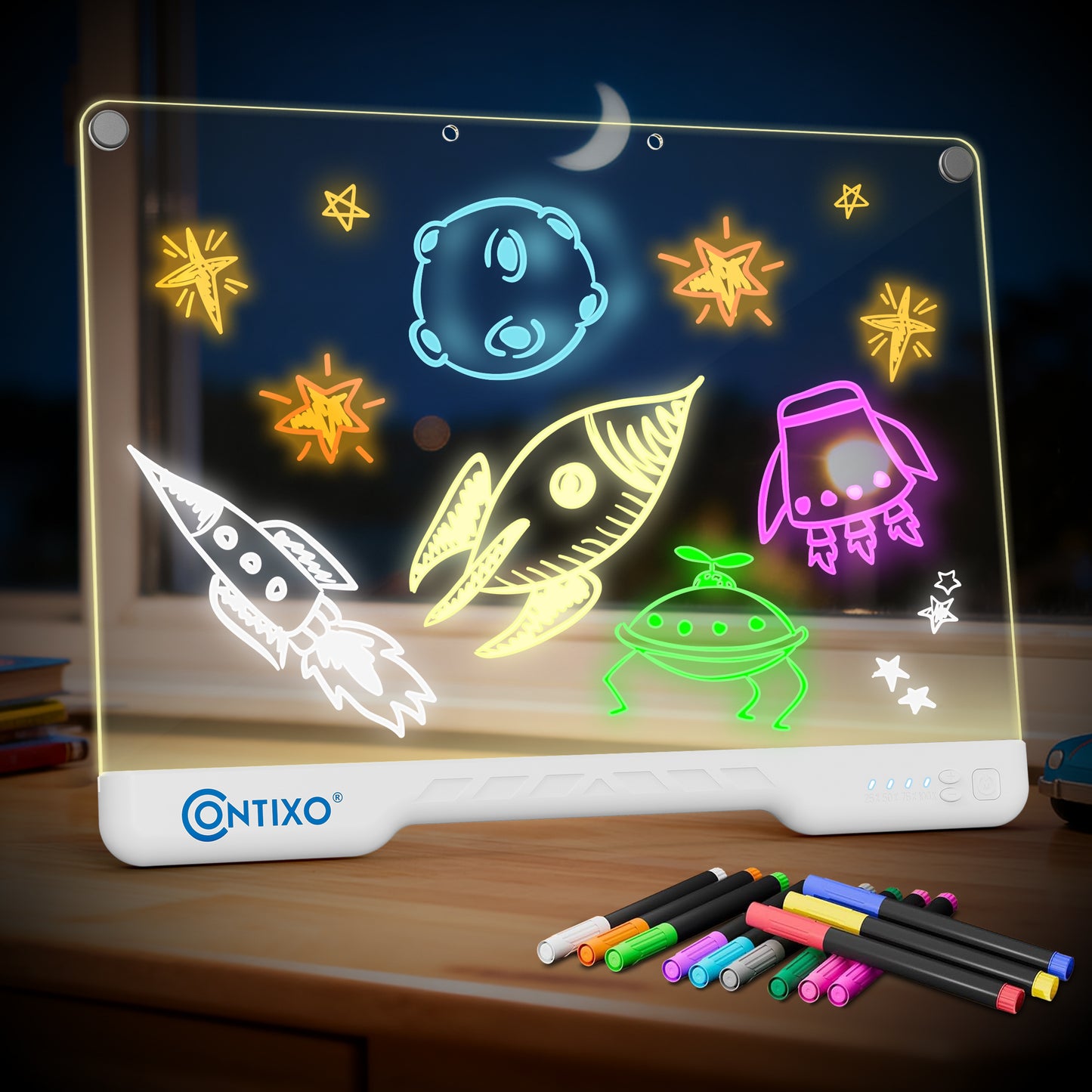 Contixo WB1 16” LED Drawing Board for Kids – Rechargeable Glow Doodle Board with 10 Light Modes & 9 Brightness Levels, Neon Dry Erase Light-Up Acrylic Drawing Board with 12 Glow Pens, Portable Screen-Free Drawing Board