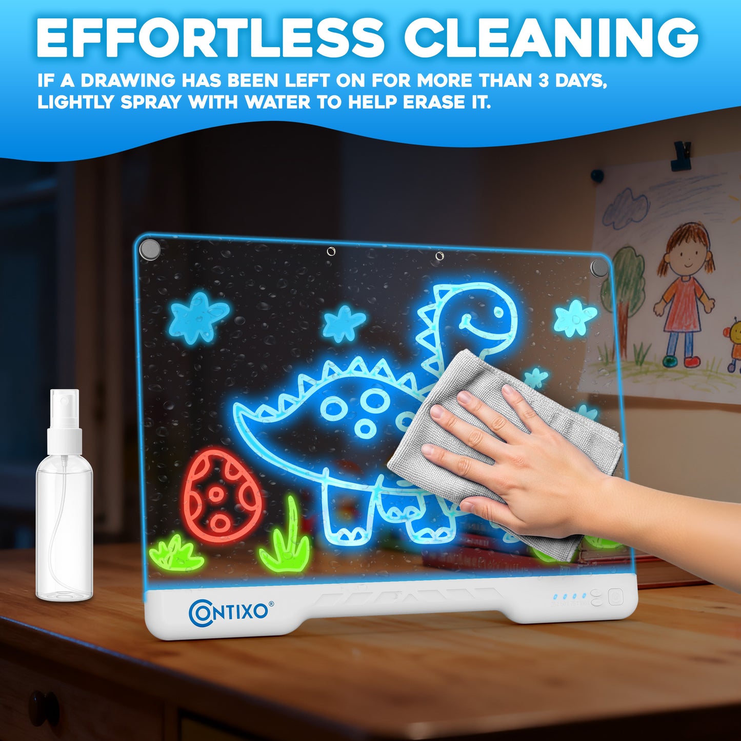 Contixo WB1 16” LED Drawing Board for Kids – Rechargeable Glow Doodle Board with 10 Light Modes & 9 Brightness Levels, Neon Dry Erase Light-Up Acrylic Drawing Board with 12 Glow Pens, Portable Screen-Free Drawing Board