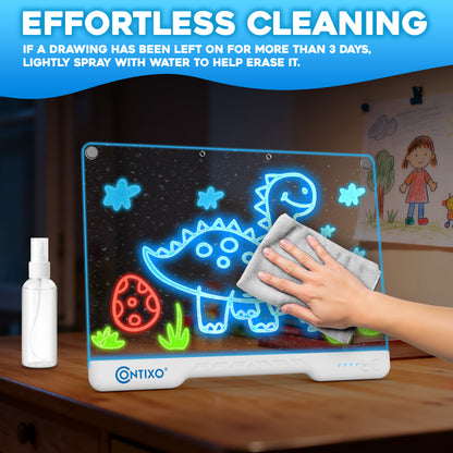 Contixo WB1 16” LED Drawing Board for Kids - Rechargeable Glow Doodle Board with 10 Light Modes & 9 Brightness Levels, Neon Dry Erase Light-Up Acrylic Drawing Board with 12 Glow Pens, Portable Screen-Free Drawing Board