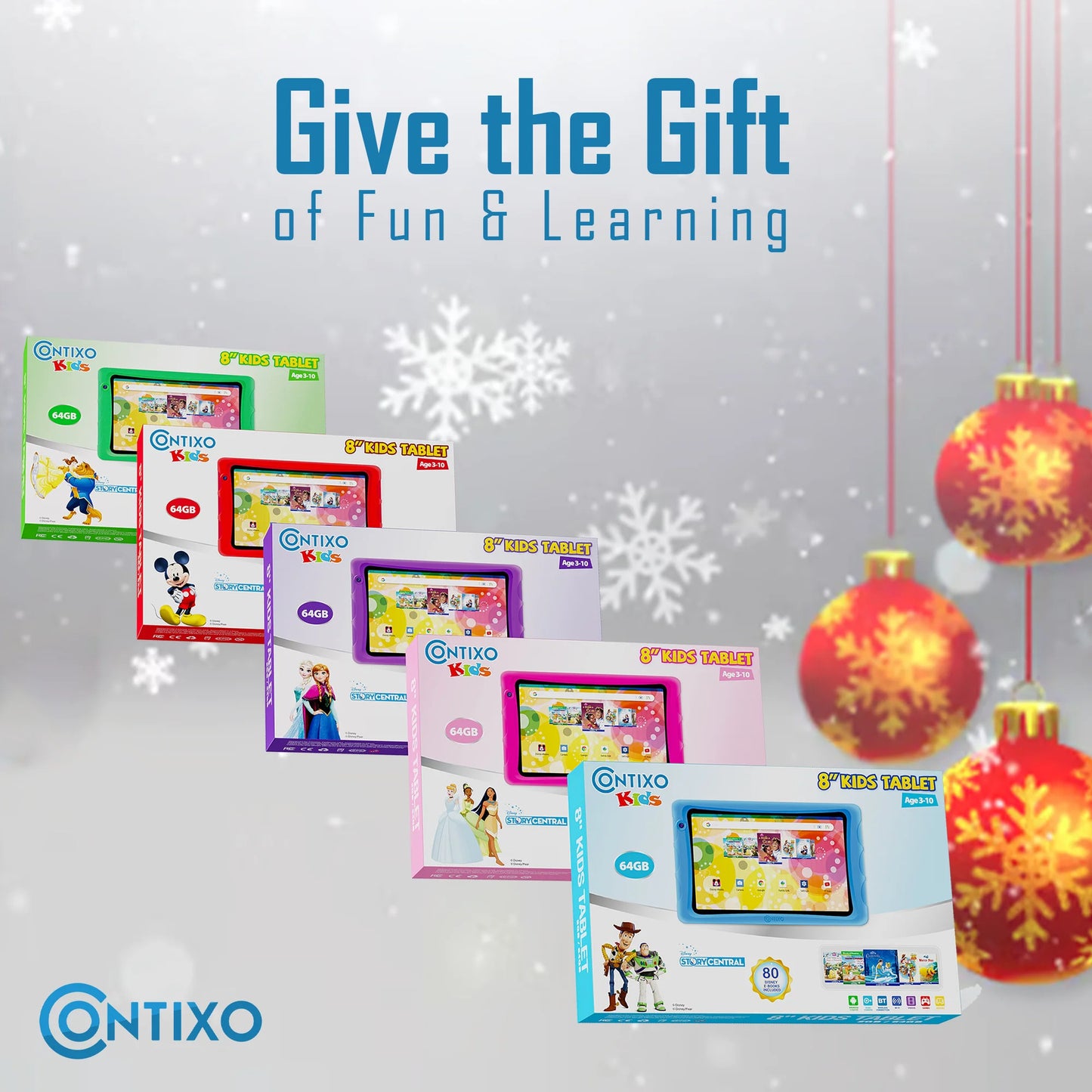 Contixo K80A - 8" Kids Tablet, 2025 Model, 80 FREE Disney eBooks, Educational Android Tablet for Ages 3-12, 32GB, Kid-Proof Case with Kickstand, Android 13