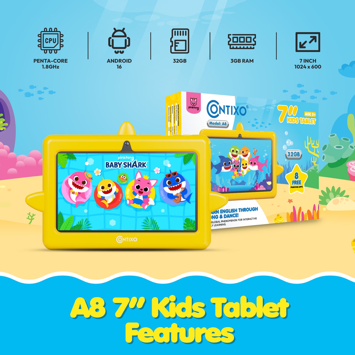 Pinkfong Baby Shark A8 7” Kids Tablet by Contixo | Android 16, 32GB