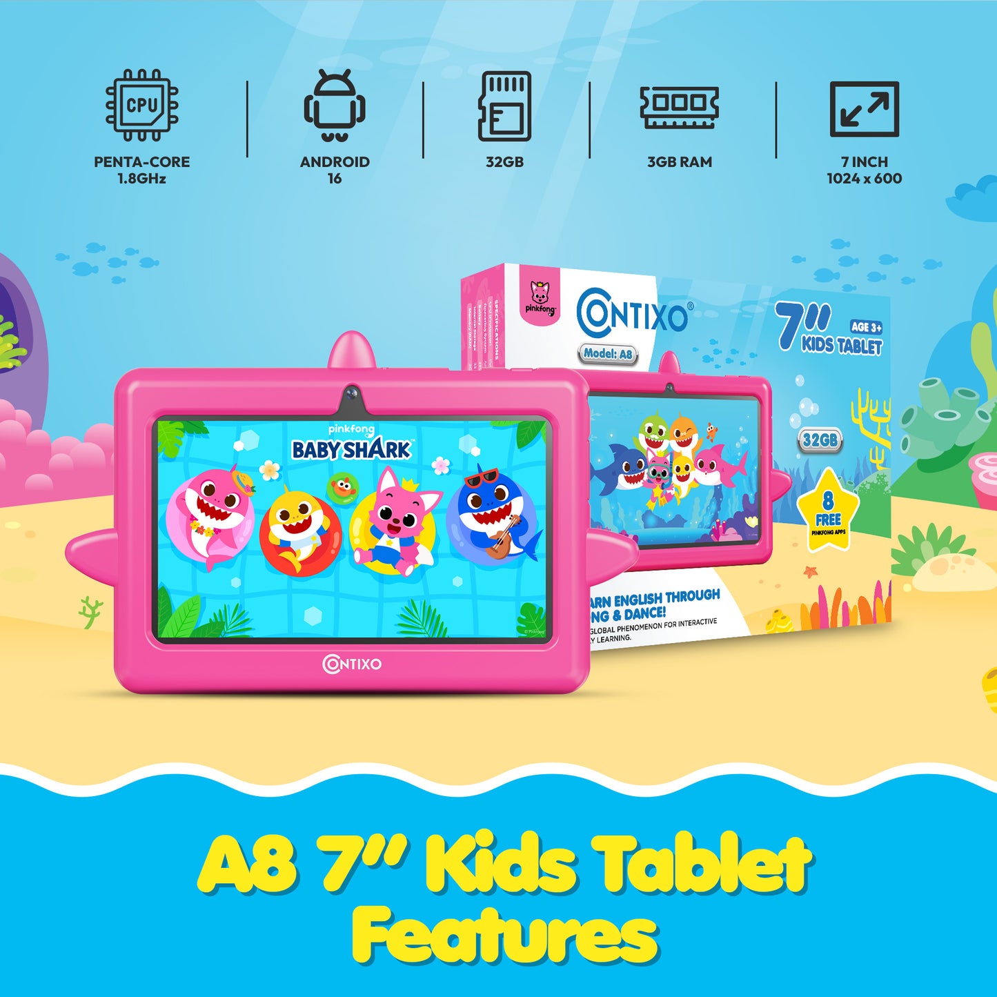 Pinkfong Baby Shark A8 7” Kids Tablet by Contixo | Android 16, 32GB