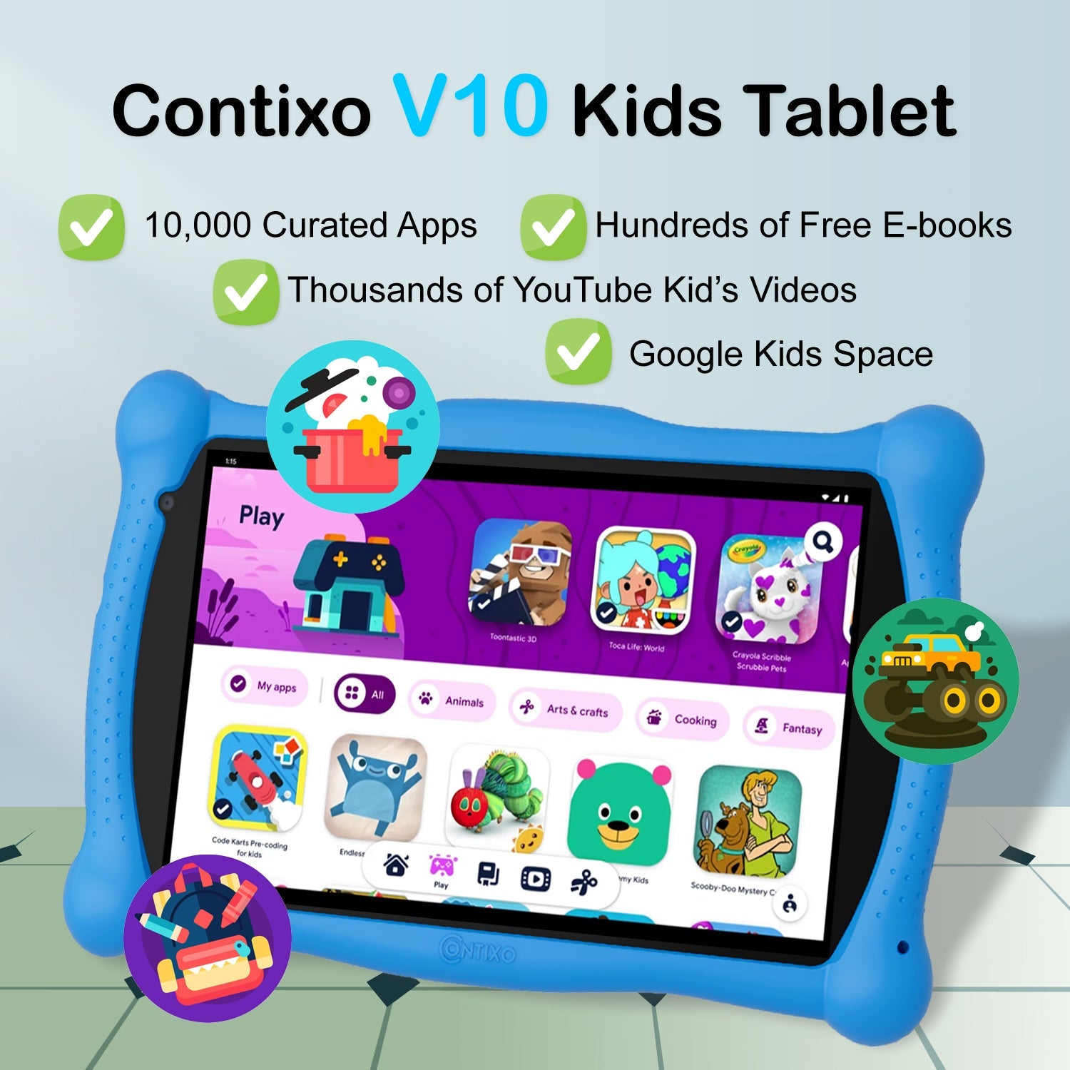 Contixo V10 7" Kids Tablet, Bluetooth Headphones, Tablet Bag, & Stylus Bundle