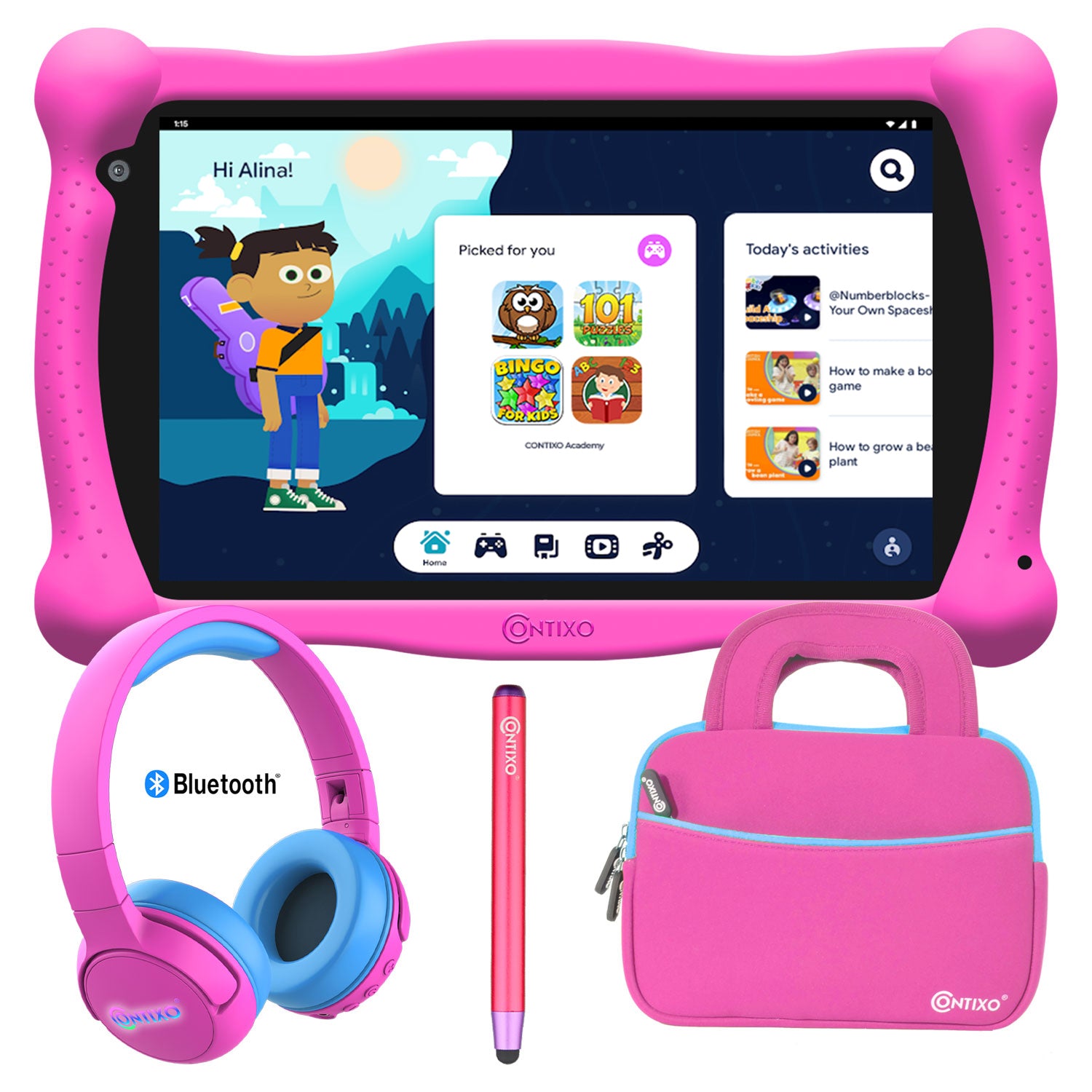 Contixo V10 7" Kids Tablet, Bluetooth Headphones, Tablet Bag, & Stylus Bundle