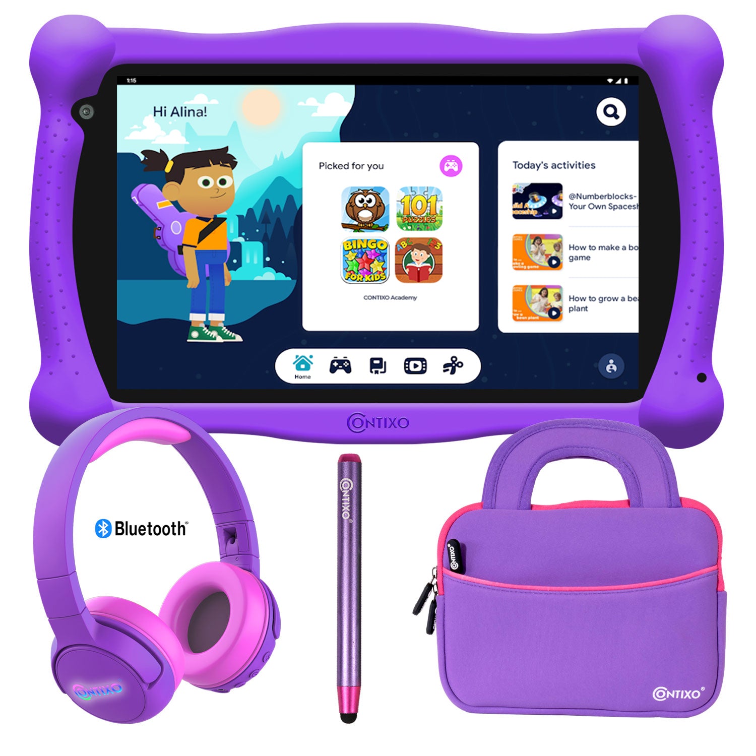 Contixo V10 7" Kids Tablet, Bluetooth Headphones, Tablet Bag, & Stylus Bundle