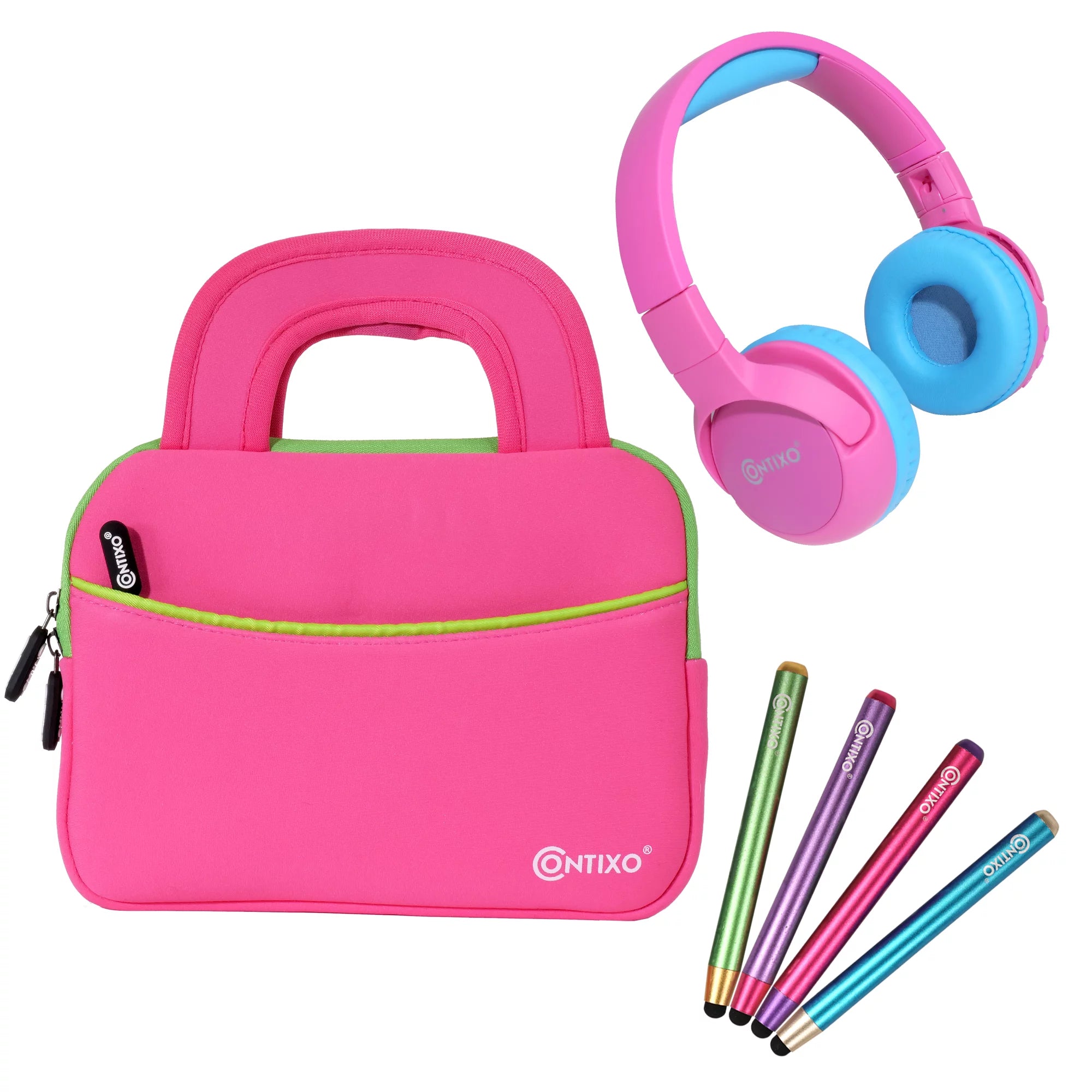 Contixo Kids Tablet Accessories Bundle -  Bluetooth Headphones, 4 Stylus Pens, and 10-inch Tablet Carrying Bag