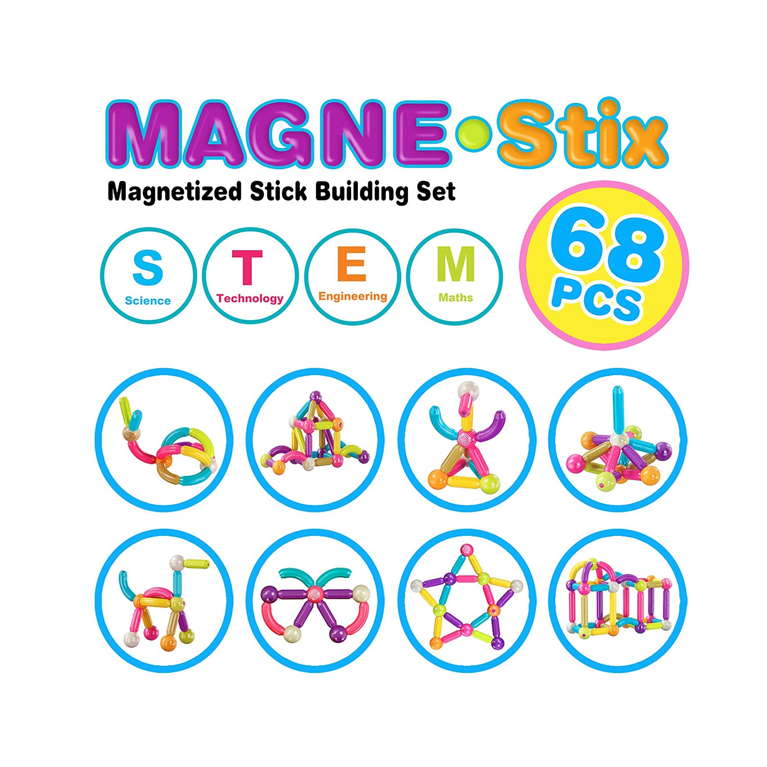 Contixo ST2 Kids Magnetic Stix Stick 68 PCs 3D Building Blocks